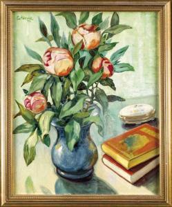 HESSE Gustav 1932,Still life with roses, box lid and books,Twents Veilinghuis NL 2017-04-14