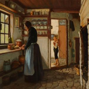 HESSELLUND Hans Andreasen 1851-1907,Grandmother is offering a bite to eat in t,1897,Bruun Rasmussen 2016-04-25