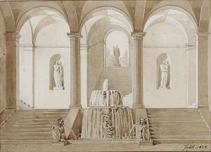 HETSCH Gustav Friedrich 1788-1864,Eingangshalle mit Brunnenanlage, Treppen und Nisc,Winterberg Arno 2023-10-21