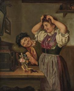 HETZ Carl 1828-1899,Two women wearing a dirndl and putting on the wedd,Neumeister DE 2022-03-31