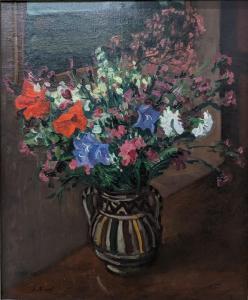 HEUZE Edmond Amedee,NATURE MORTE AU BOUQUET DE FLEURS ET AU TABLEAU,Jean-Mark Delvaux 2023-06-22