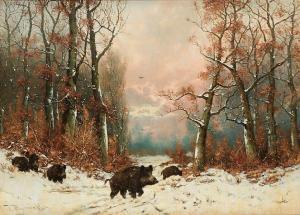 HEYDENDAHL Joseph Friedrich N. 1844-1906,Sangliers dans un paysage enneigé,Horta BE 2023-01-23