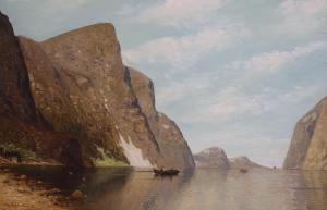HEYDENDAHL LUDWIG AUGUST 1876-1960,Norwegian fjord with boats and a distant steamshi,1915,Gorringes 2021-08-23
