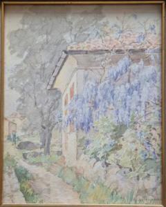 HEYERDAHL Catharine L.M 1861-1952,A cottage with blooming wisteria,1913,Bruun Rasmussen 2022-03-10