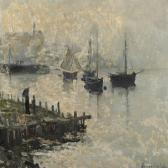 HEYERDAHL Hans Olaf,Harbour scene with ships at anchor on a hazy day,Bruun Rasmussen 2016-09-20