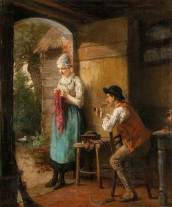 HEYERMANS Jan Arnold 1837-1892,Seamstress and pipesmoker near a door opening,Bernaerts BE 2017-12-12