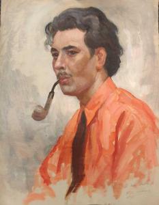 HICKLING Edward Albert 1913-1998,A gentleman in red smoking a pipe,1953,Cheffins GB 2023-02-09
