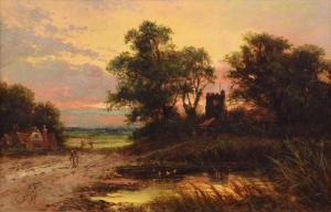 HIDER Frank 1861-1933,Rural sunset with church and figure,1890,Peter Wilson GB 2023-04-06