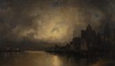 HIERSCH MINERBI Joachim 1834-1905,Vue portuaire nocturne,1878,Brussels Art Auction BE 2017-06-13