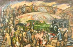 HIGGINSON DEREK JAMES 1930-2020,figures by a steam train,John Nicholson GB 2022-08-03