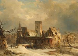 HILGERS Carl 1818-1890,Winterlandschaft mit Jägern bei einem Wasserschloss,Van Ham DE 2024-01-30