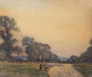 HILL J.V,With flock of sheep on a country road at dusk,1912,Mallams GB 2016-10-19