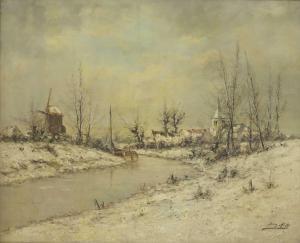 HILL Jean,A RIVER LANDSCAPE IN WINTER WITH A CHURCH AND WIND,19th century,Sworders 2020-06-15