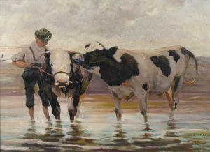 HILLER BAUMANN Leonore,Kühe am Wasser Bauernjunge mit zwei Kühen an einer,1936,Mehlis 2019-08-22