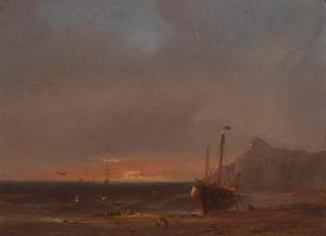 HILLEVELD Adrianus David 1838-1869,Sonnenuntergang an der Küste,Wendl DE 2019-02-28