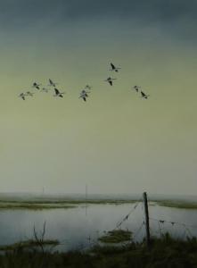 HILLIARD Joss 1945,flock of geese over marshland waters,Rogers Jones & Co GB 2018-03-24
