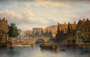 HILVERDINK Eduard Alexander,Activities on the canal of a Dutch town,1862,Venduehuis 2023-11-15