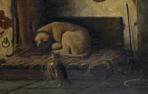 HINNIS H,A mastiff dog asleep in a bed of straw, with kittens before,1896,Bonhams GB 2011-07-07