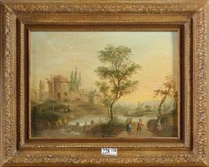 HIRSCHMANN Johann Hieronymus 1708-1765,Paysage fluvial animé,1780,VanDerKindere BE 2020-06-16