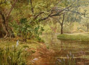 HIS Rene Charles Edmond,a shaded river landscape with wildflowers in the f,John Nicholson 2024-01-24