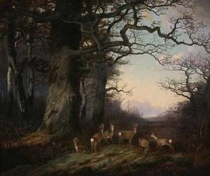 HOEHN Georg 1812-1879,Sprung Rehe auf abendlicher Waldlichtung,Arnold DE 2007-11-17