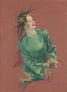 HOFF Guy 1889-1962,Woman in Green Wearing Fascinator,1935,Swann Galleries US 2019-12-10