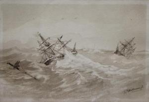 HOFFMANN Georges Johannes 1833-1873,Schepen op woeste zee,Venduehuis NL 2022-10-11