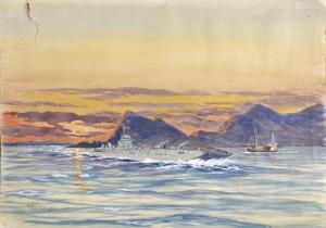 HOFFMANN Wilhelm,Marinefährprahme vor bergiger Küste bei Sonnenunte,DAWO Auktionen 2015-03-18