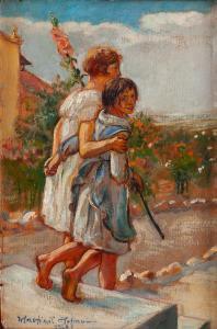 HOFMAN Wlastimil 1881-1970,A pair of girls with a mallow flower,1926,Desa Unicum PL 2024-04-16