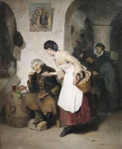 HOFMEISTER EUGEN 1843-1930,In front of a hostelry. 
A lady giving flowers to ,1874,Nagel 2011-06-08