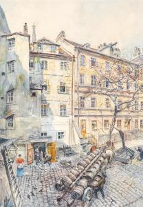 HOHENBERGER Franz,A back yard of Old Vienna with beer barrels,1897,Palais Dorotheum 2021-04-22