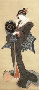 HOKUSAI SCHOOL,geisha standing with one hand holding a tekagami,Bonhams GB 2014-05-15