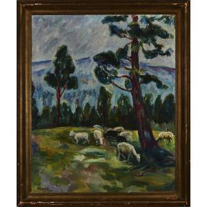 HOLBÖ Kristen 1869-1953,SHEEP IN A PASTURE (FRA BONESLUN),1916,Waddington's CA 2015-09-14