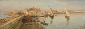 HOLDER Edward Henry 1847-1922,Fisher folk on the harbour wall with a town bey,1895,Woolley & Wallis 2024-03-06