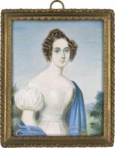 HOLDER Johann Michael,Bildnis einer jungen Frau in weißem Kleid mit blau,Galerie Bassenge 2019-11-28