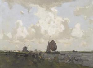 HOLLAND H,Landscape with sailboat and windmill,Galerie Koller CH 2010-09-13