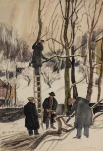 HOLLOWAY Edgar 1914-2008,group of tree-fellers working in the snow,1940,Rogers Jones & Co 2023-11-18