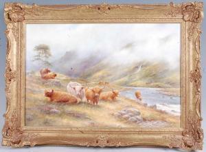 HOLLOWAY Milwyn,Highland cattle on a misty mountain riverbank,1996,Lacy Scott & Knight GB 2021-03-20