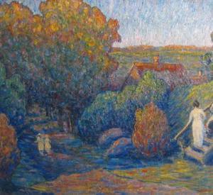 HOLM Carl 1900-1900,AUTUMNAL LANDSCAPE WITH FIGURES IN WHITE,1916,Freeman US 2008-06-20