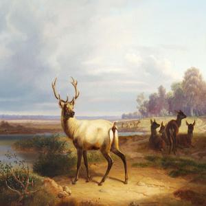 HOLM Christian Frederik 1804-1846,Stag and red deer near a lake,1843,Bruun Rasmussen DK 2009-04-28