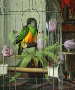 HOLM Sand,Still life with a parrot in a cage and a vase of p,1929,Bruun Rasmussen 2023-02-13
