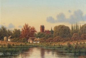HOLMBOE Gustav,Danish landscape with houses and a church in the b,1895,Bruun Rasmussen 2020-01-27