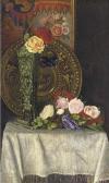 HOLMQUIST John A,Roses, vase and a shield on a table,1884,Christie's GB 2005-01-19