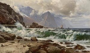 HOLST Laurits Bernhard 1848-1934,View from a mountainous coast with large wave,1888,Bruun Rasmussen 2024-03-04