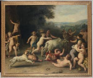 HOLSTEIJN Cornelis 1618-1658,Scena campestre con putti e cane da caccia,1654,Cambi IT 2015-11-18