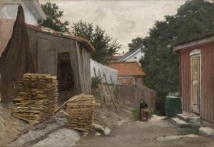 HOLTER Wilhelm 1842-1916,Woman walking in asmall Town,1896,Grev Wedels NO 2010-06-07