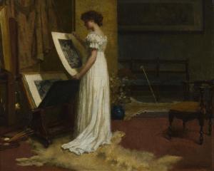 HOLYOAKE Rowland 1880-1907,Junge Frau an der Grafikmappe,1893,Wendl DE 2021-03-06