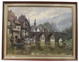 HOLZ Albert 1884-1954,Flußlandschaft mit Steinbrücke,Merry Old England DE 2023-01-19