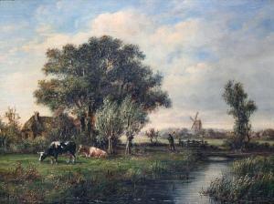 HOOGBRUIN Johannes Matthijs,River scene with cattle grazing and atraveller on ,Bonhams 2010-04-12