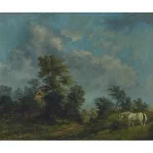 HOOK Allan J 1853,BRITISH WHITE STALLION GRAZING BY A COUNTRY LANE W,1853,Waddington's CA 2017-07-08